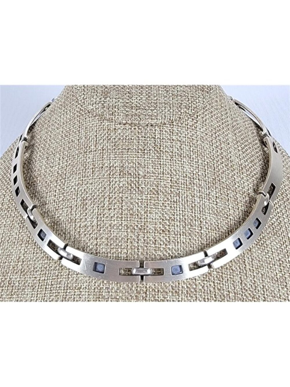 Vtg. Mexico 925 Sterling Silver Modernist Collar Necklace Multi Stone Inlay 17"